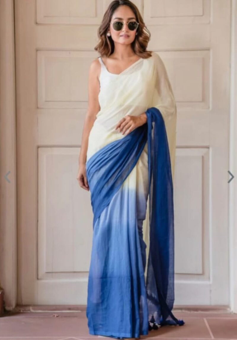 White Blue Soft Cotton Silk Saree