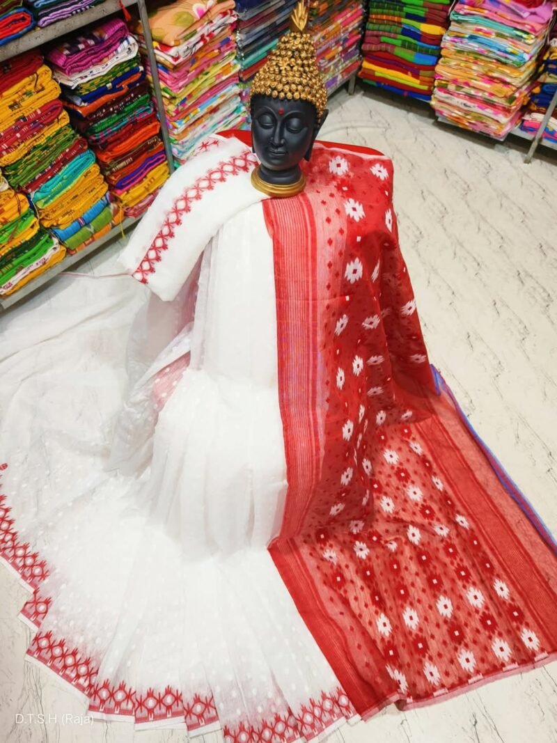 White Red Soft Dhakai Jamdani Saree