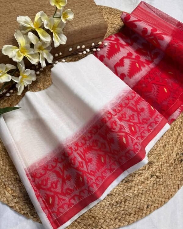 White Soft Ikkat Korat Dhakai Jamdani Saree