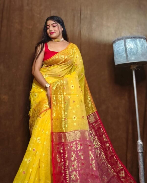 Yellow Soft Copper Joriwork Dhakai Jamdani Saree