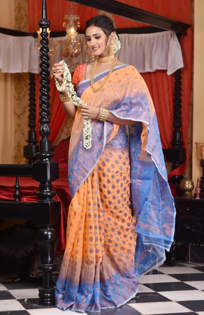 Dark Orange Soft Dhakai Jamdani Saree