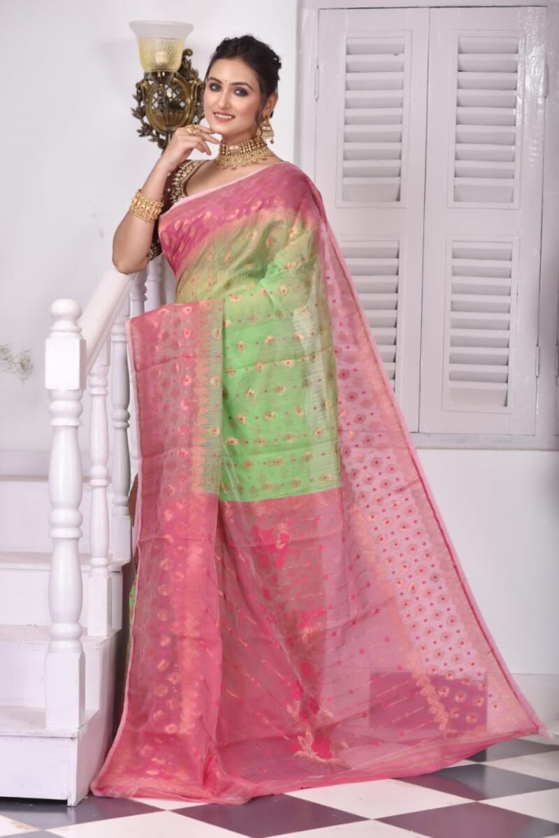 Frog Green Soft Dhakai Jamdani Saree