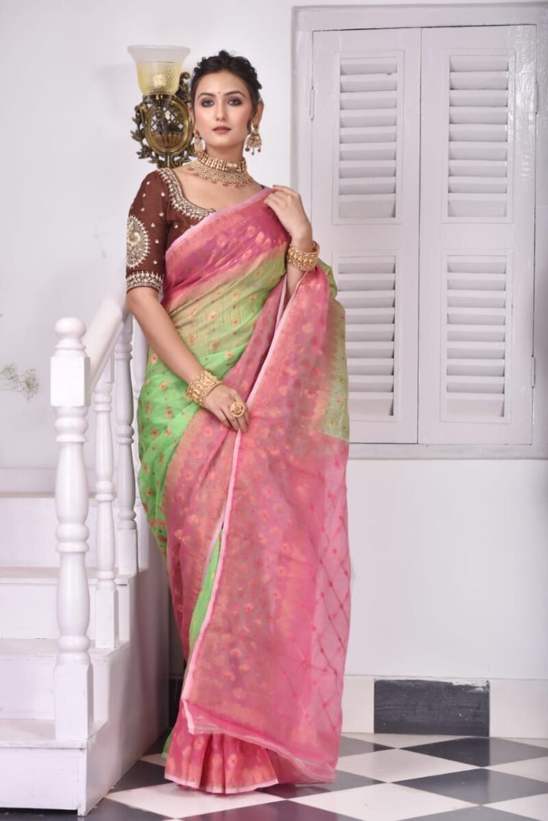 Frog Green Soft Dhakai Jamdani Saree