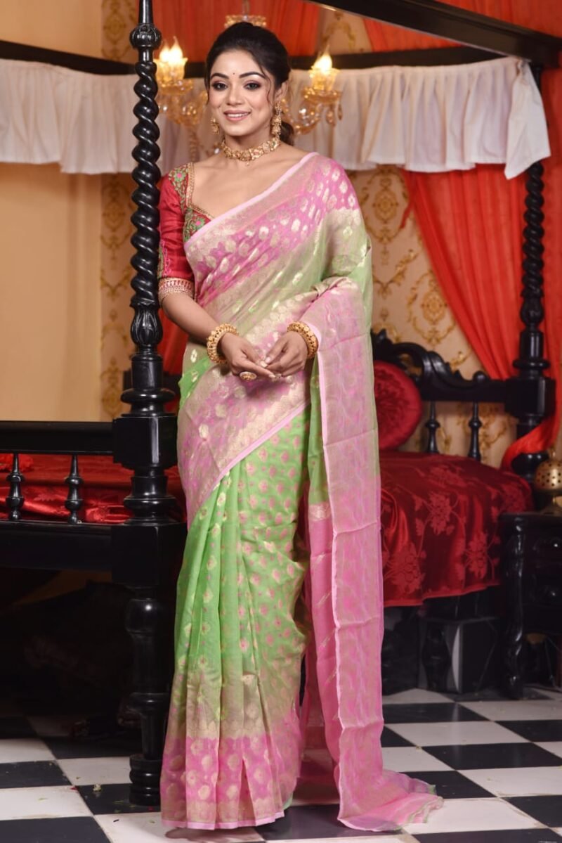 Frog Green Soft Dhakai Jamdani Saree