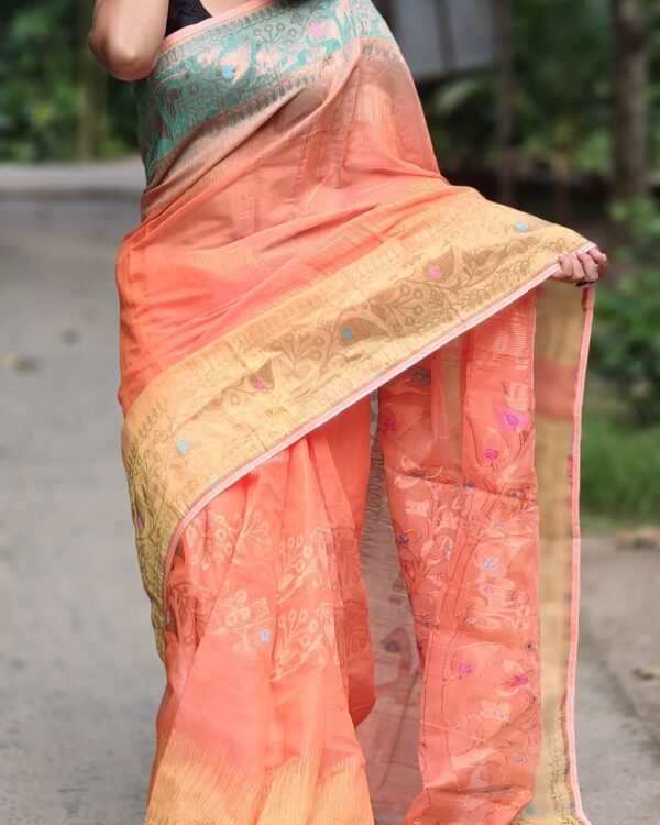 Ganga Jamuna Soft Dark Coral Jamdani Saree