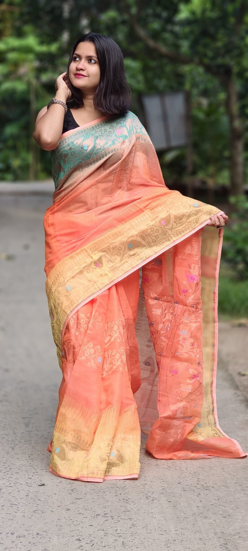 Ganga Jamuna Soft Dark Coral Jamdani Saree
