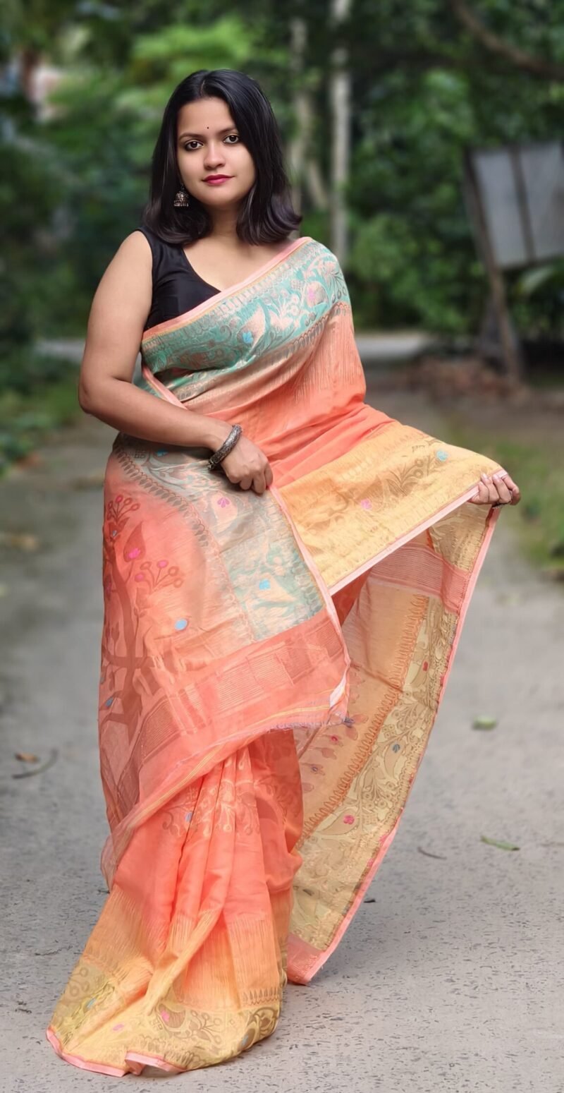 Ganga Jamuna Soft Dark Coral Jamdani Saree