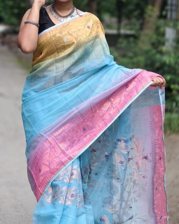 Ganga Jamuna Soft Denim Blue Jamdani Saree