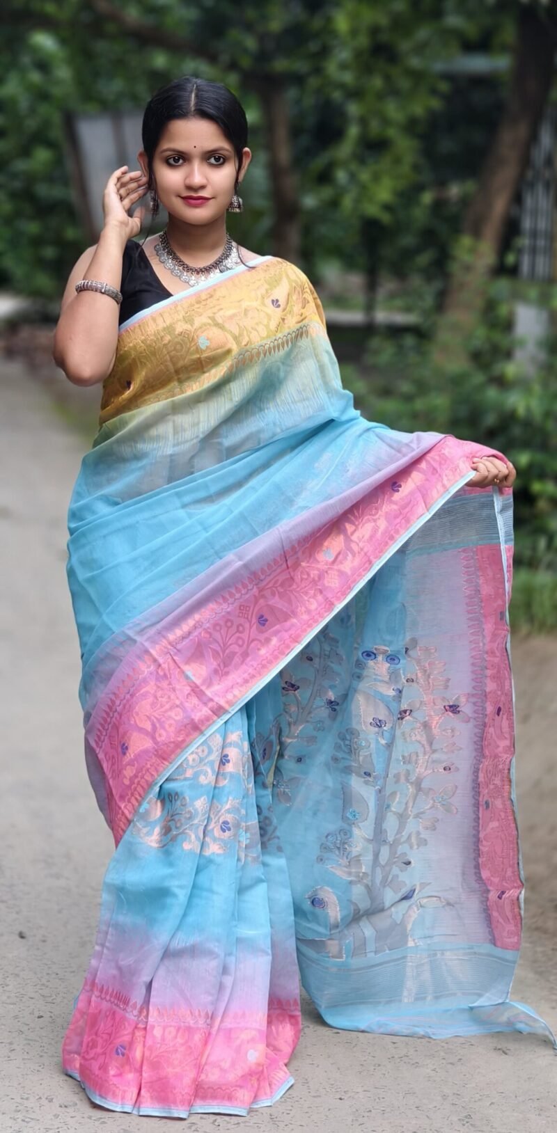 Ganga Jamuna Soft Denim Blue Jamdani Saree