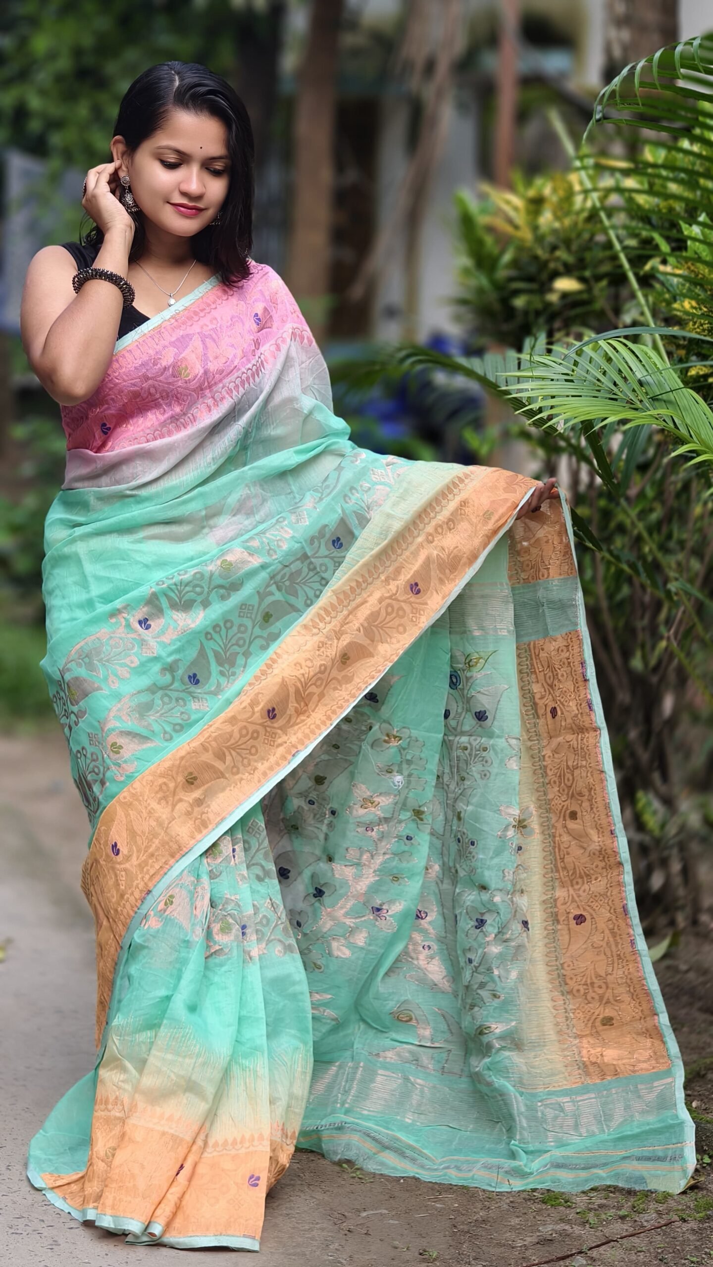 Ganga Jamuna Soft Light Aqua Jamdani Saree