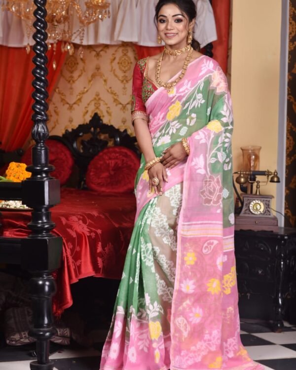 Golap Par Soft Grey Green Jamdani Saree