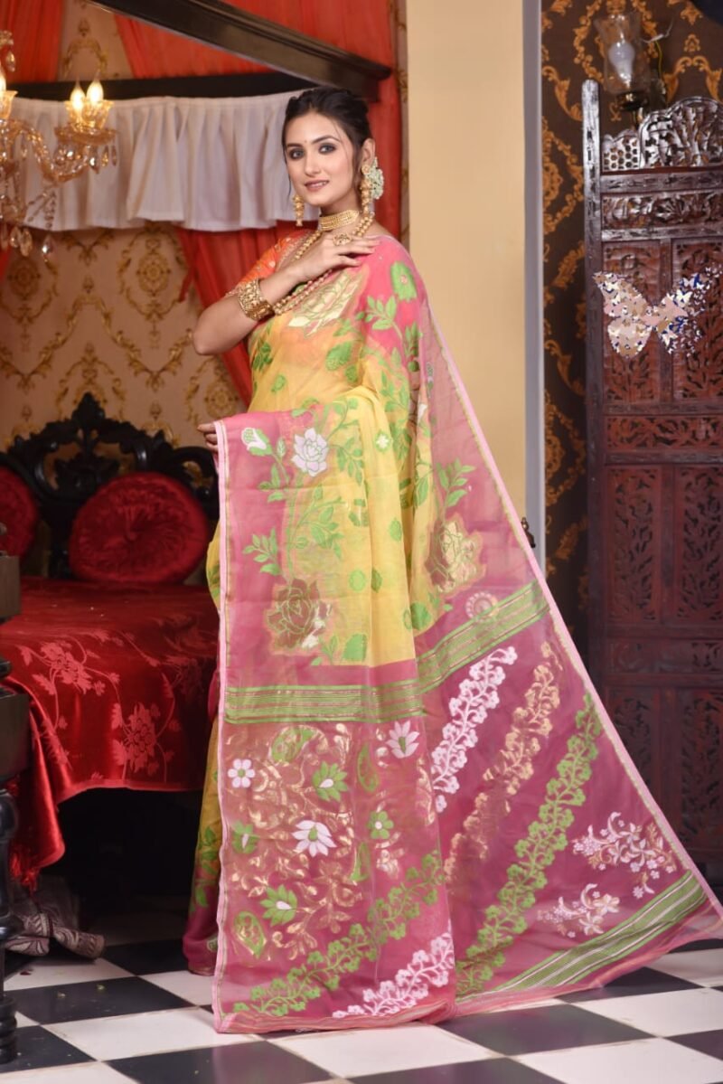 Golap Par Soft Yellow Jamdani Saree