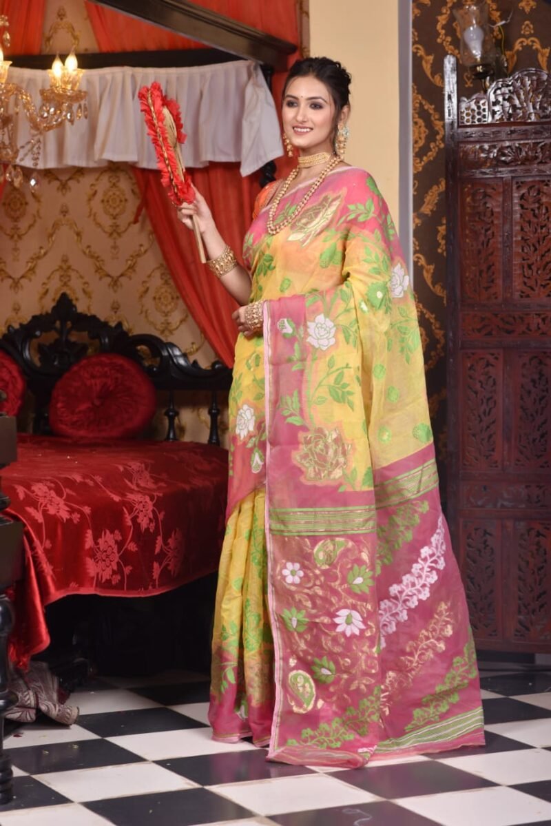 Golap Par Soft Yellow Jamdani Saree
