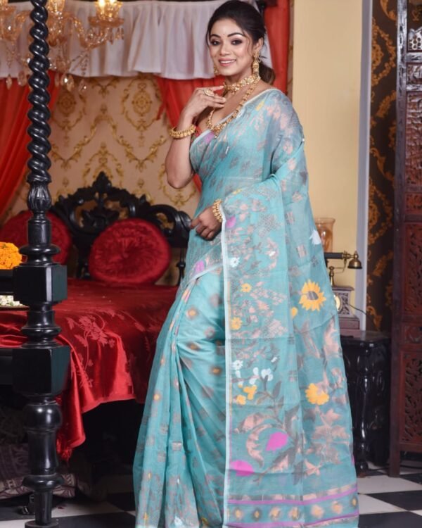 Sunflower Soft Hippie Blue Jamdani Saree