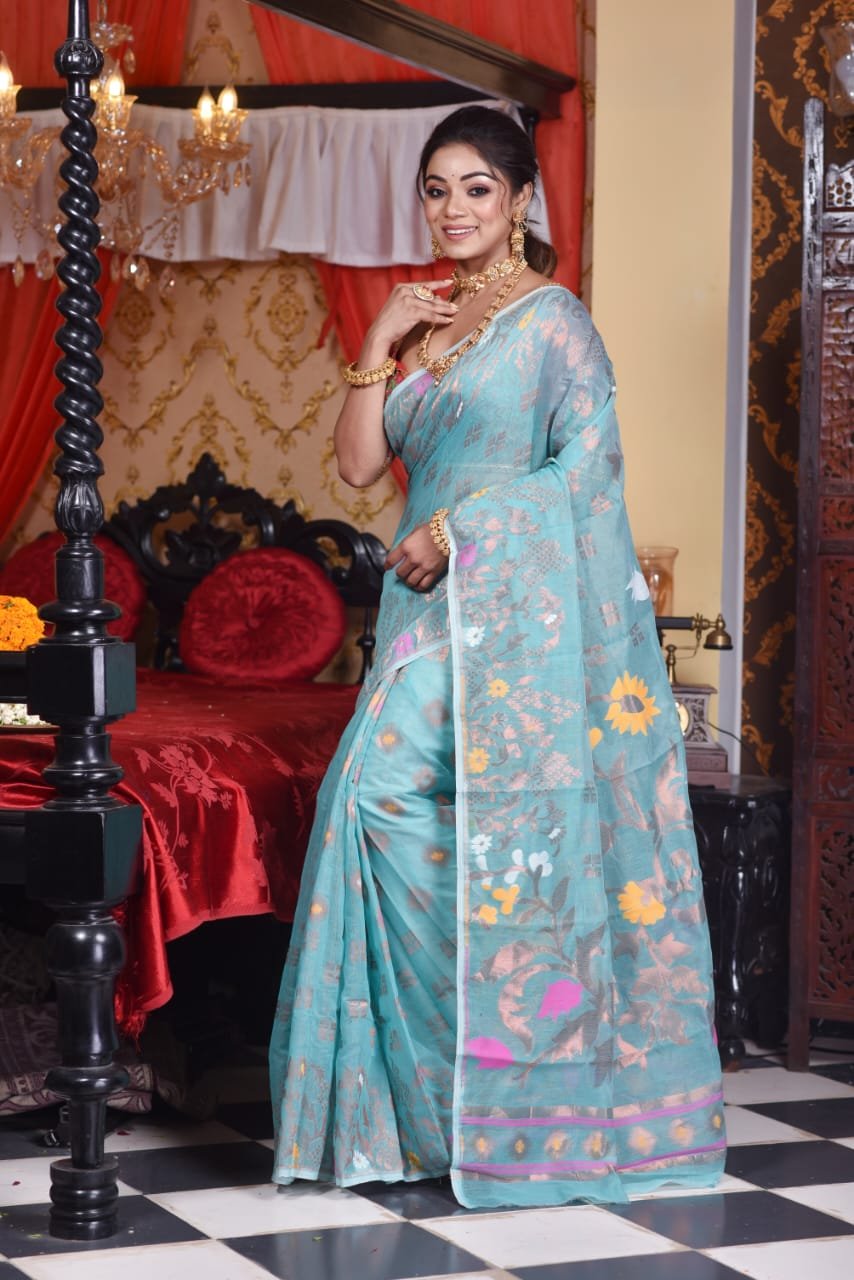 Sunflower Soft Hippie Blue Jamdani Saree