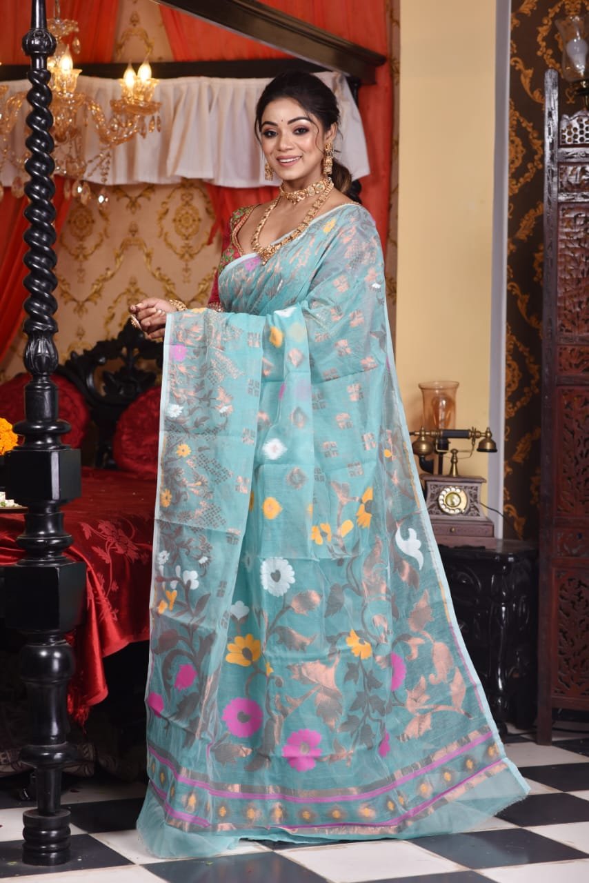 Sunflower Soft Hippie Blue Jamdani Saree