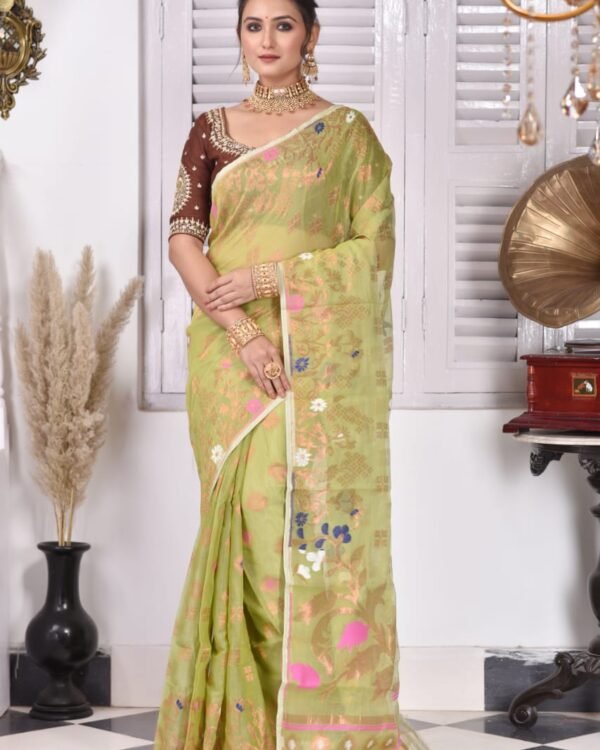 Sunflower Soft Olive Green Jamdani Saree