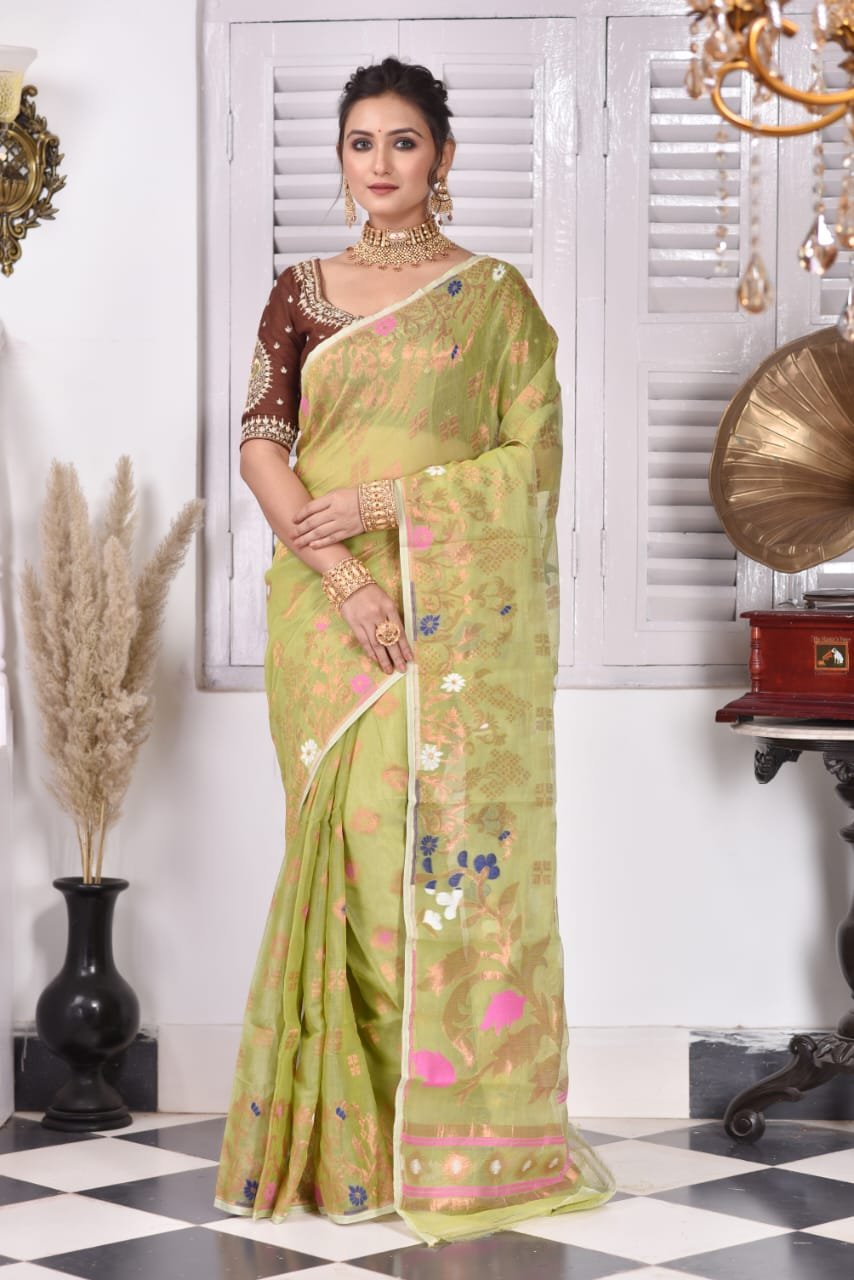 Sunflower Soft Olive Green Jamdani Saree
