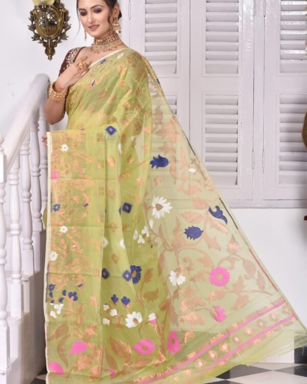 Sunflower Soft Olive Green Jamdani Saree