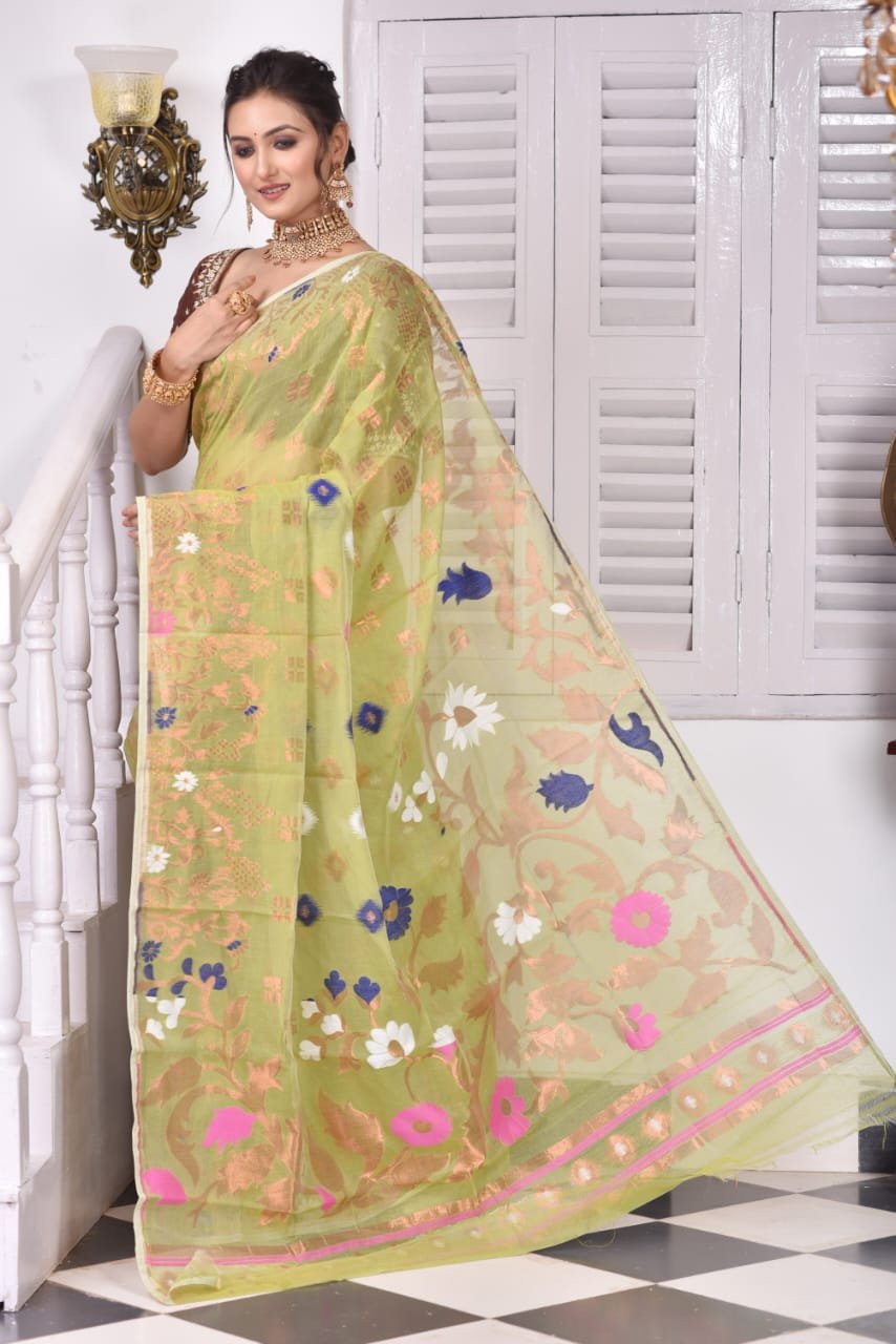 Sunflower Soft Olive Green Jamdani Saree