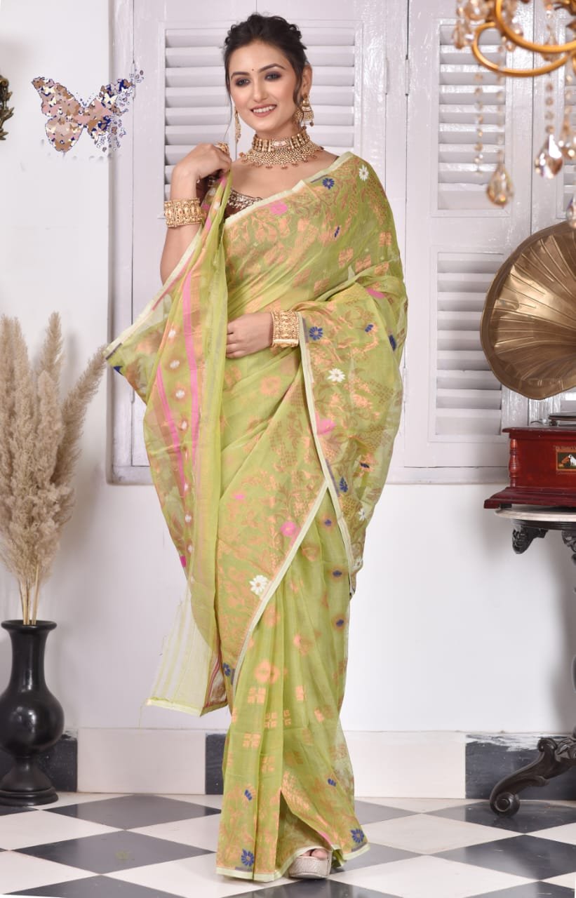 Sunflower Soft Olive Green Jamdani Saree
