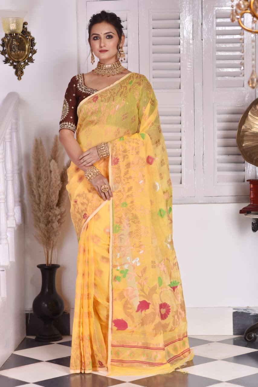 Sunflower Soft Pale Orange Jamdani Saree