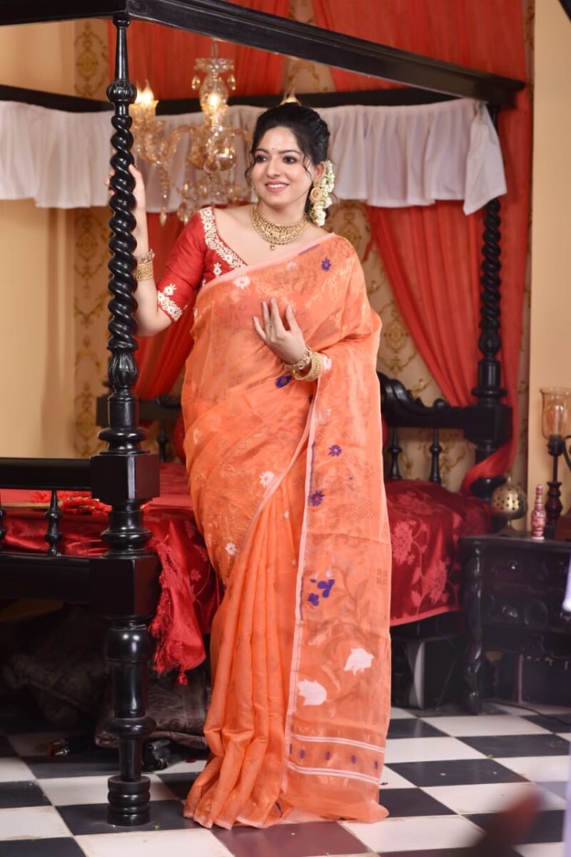 Sunflower Soft Sunrise Orange Jamdani Saree