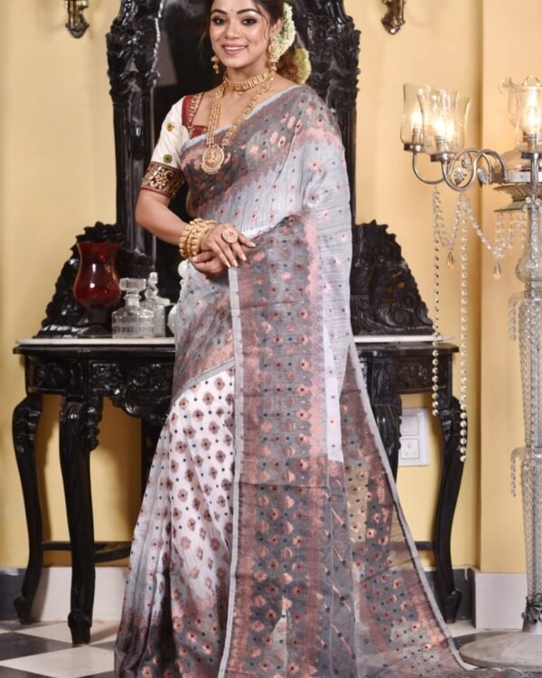 White Black Soft Dhakai Jamdani Saree