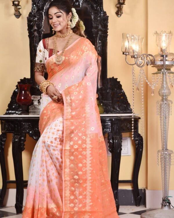 White Orange Soft Dhakai Jamdani Saree
