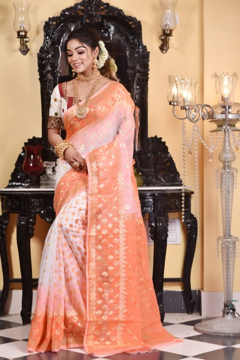 White Orange Soft Dhakai Jamdani Saree