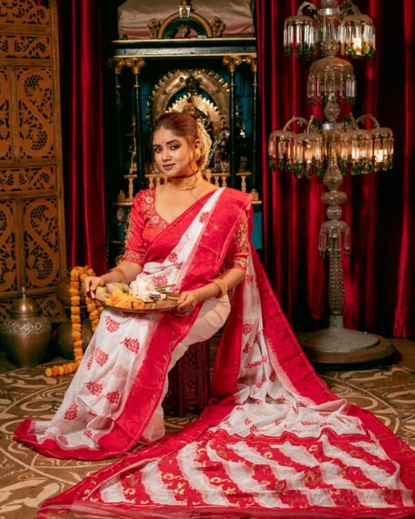 White Red Soft Dhakai Jamdani Saree