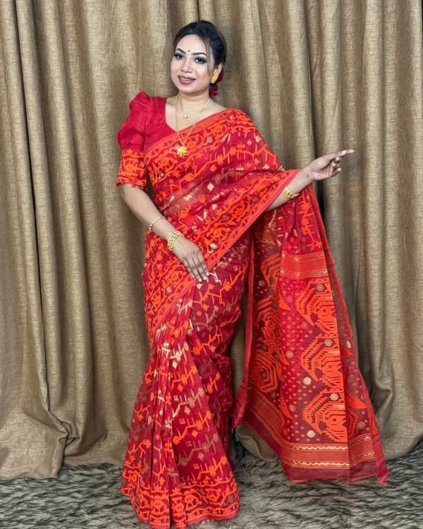 Bright Maroon Soft Dhakai Jamdani Saree