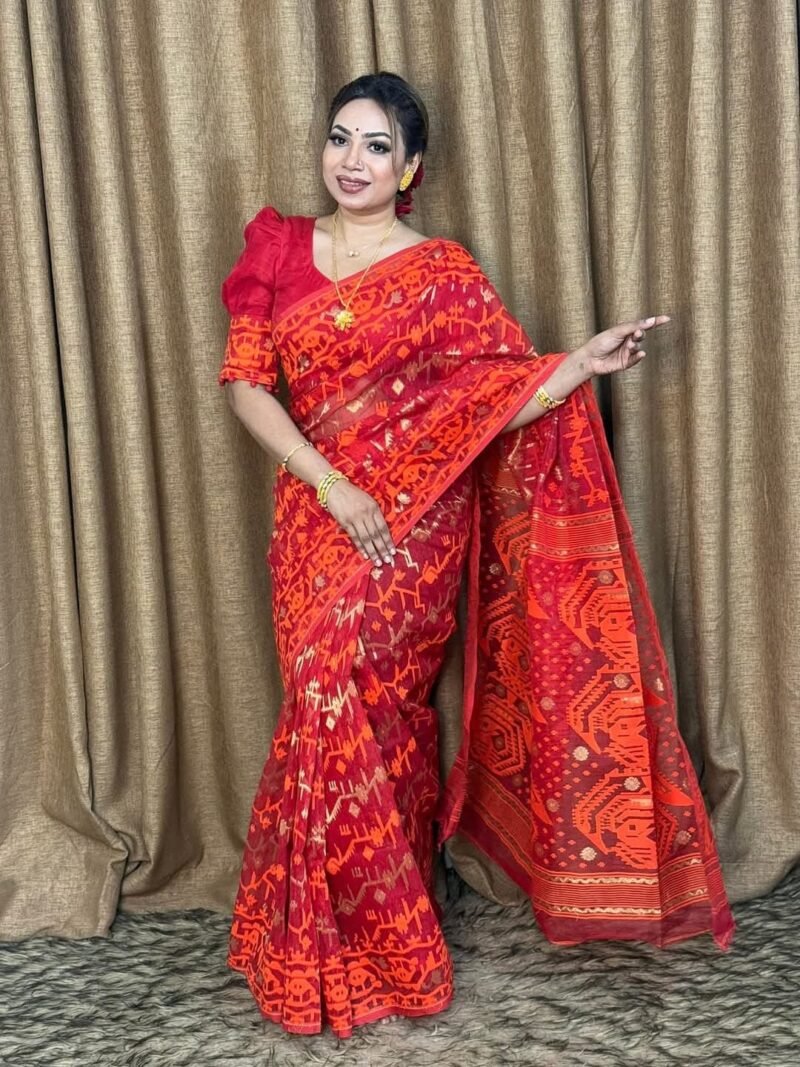 Bright Maroon Soft Dhakai Jamdani Saree