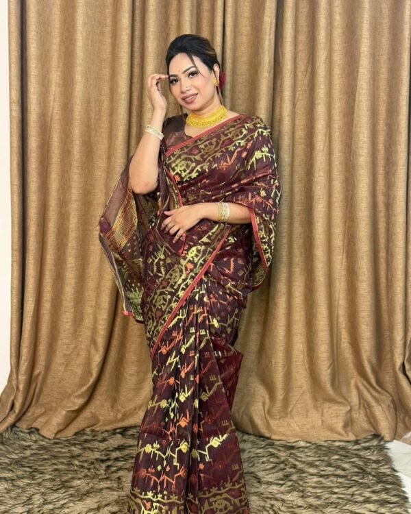 Crater Brown Soft Dhakai Jamdani Saree