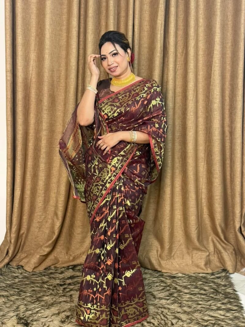 Crater Brown Soft Dhakai Jamdani Saree