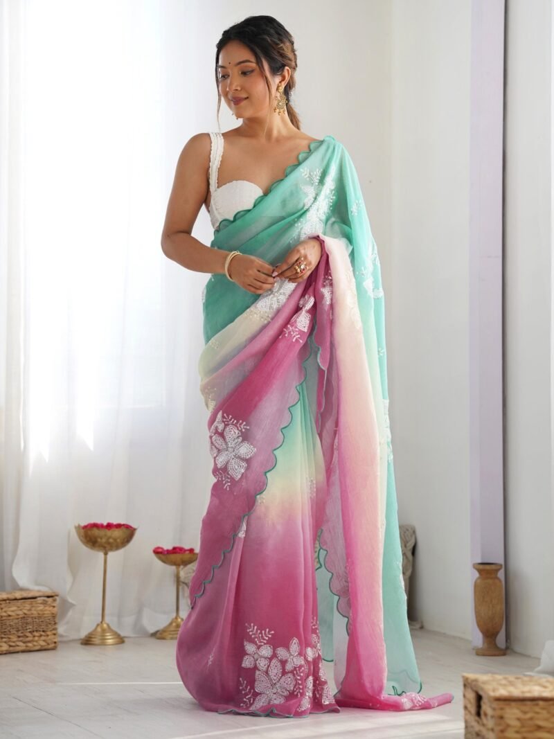 Gold Crush Soft Satin Chiffon Multicolor Saree