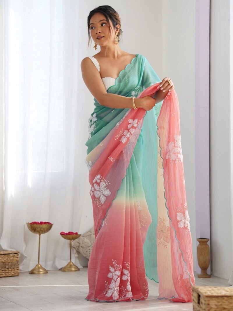 Gold Crush Soft Satin Chiffon Multicolor Saree