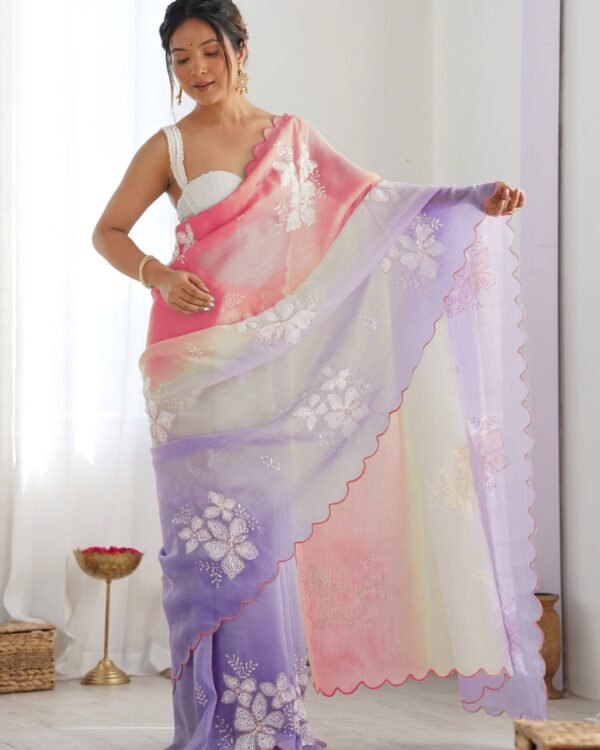 Gold Crush Soft Satin Chiffon Multicolor Saree