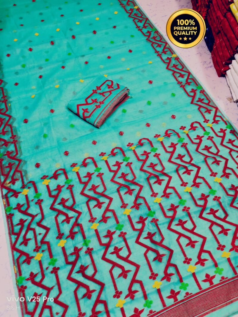 Macaw Blue Green Soft Guti moslin jamdani Saree