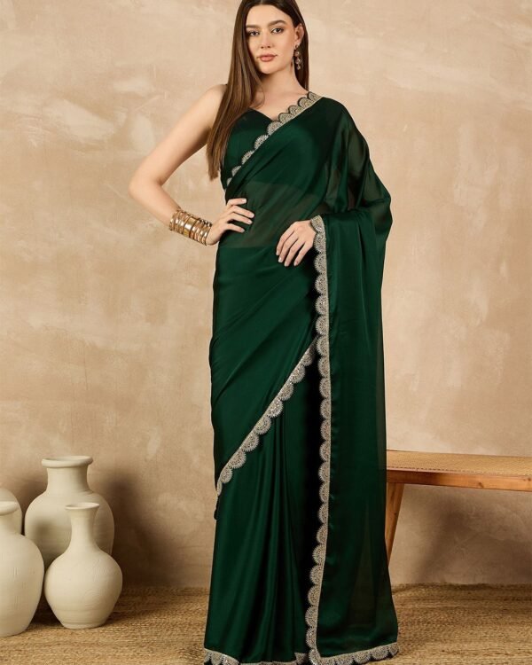 Akruti Soft Satin Chiffon Palm Green Saree