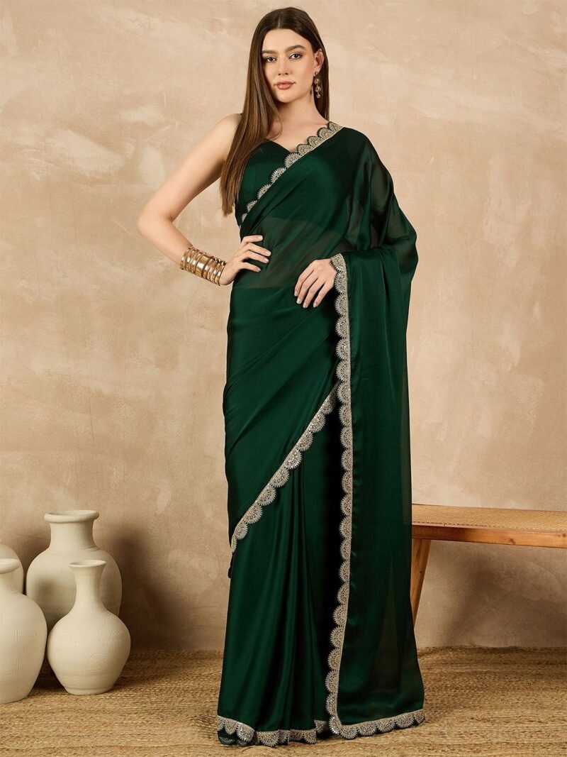 Akruti Soft Satin Chiffon Palm Green Saree