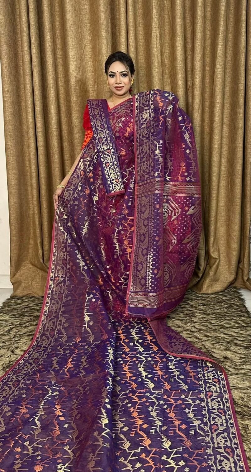 Wine Berry Soft Dhakai Jamdani Saree