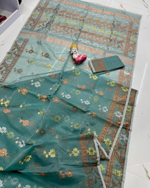 Beetle Green Soft Dhakai Jamdani Saree