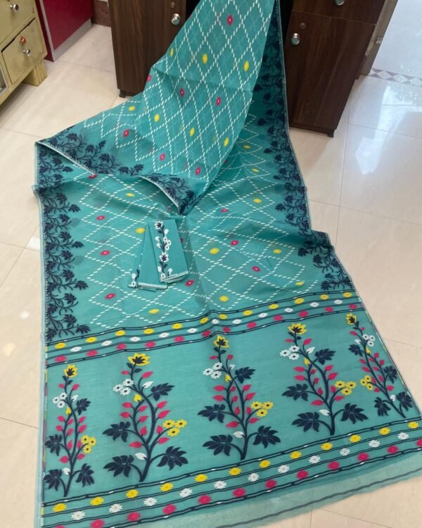 Fountain Blue Soft Crosslota Dhakai Jamdani Sari