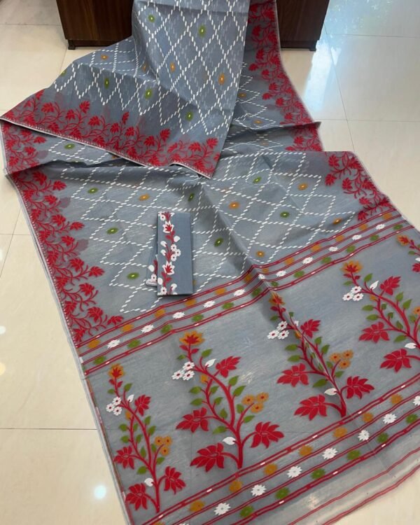 Grey Soft Crosslota Dhakai Jamdani Sari