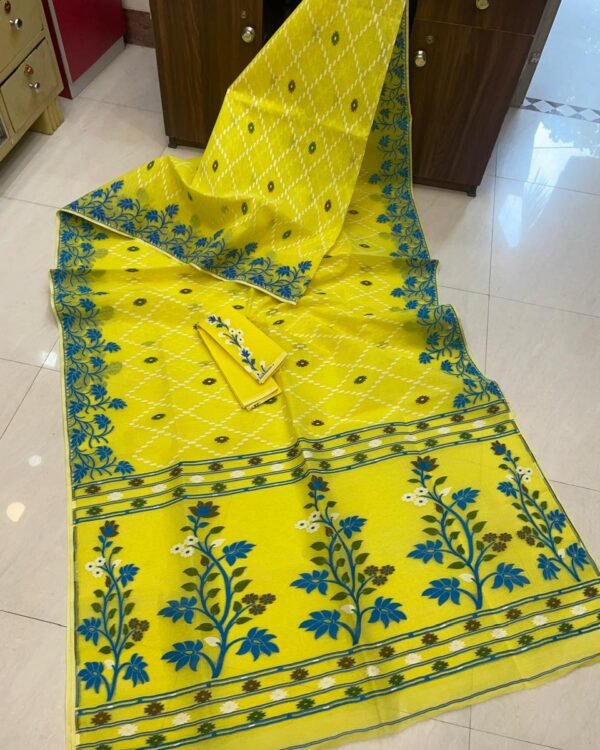Lemon Yellow Soft Crosslota Dhakai Jamdani Sari