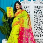 Bitter Lemon Korat Buti Soft Jamdani Sari With Blouse Piece