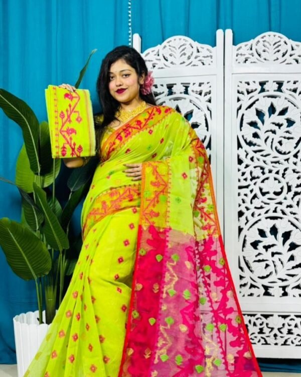 Bitter Lemon Korat Buti Soft Jamdani Sari With Blouse Piece