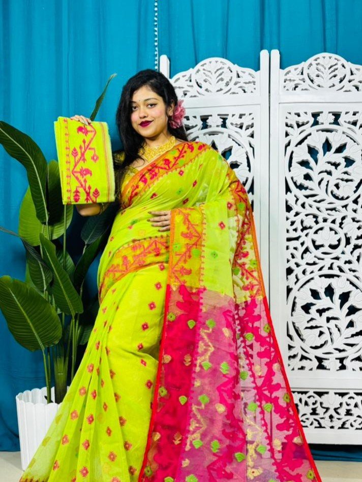 Bitter Lemon Korat Buti Soft Jamdani Sari With Blouse Piece