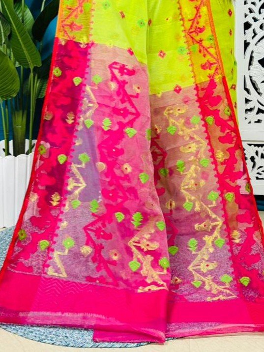 Bitter Lemon Korat Buti Soft Jamdani Sari With Blouse Piece